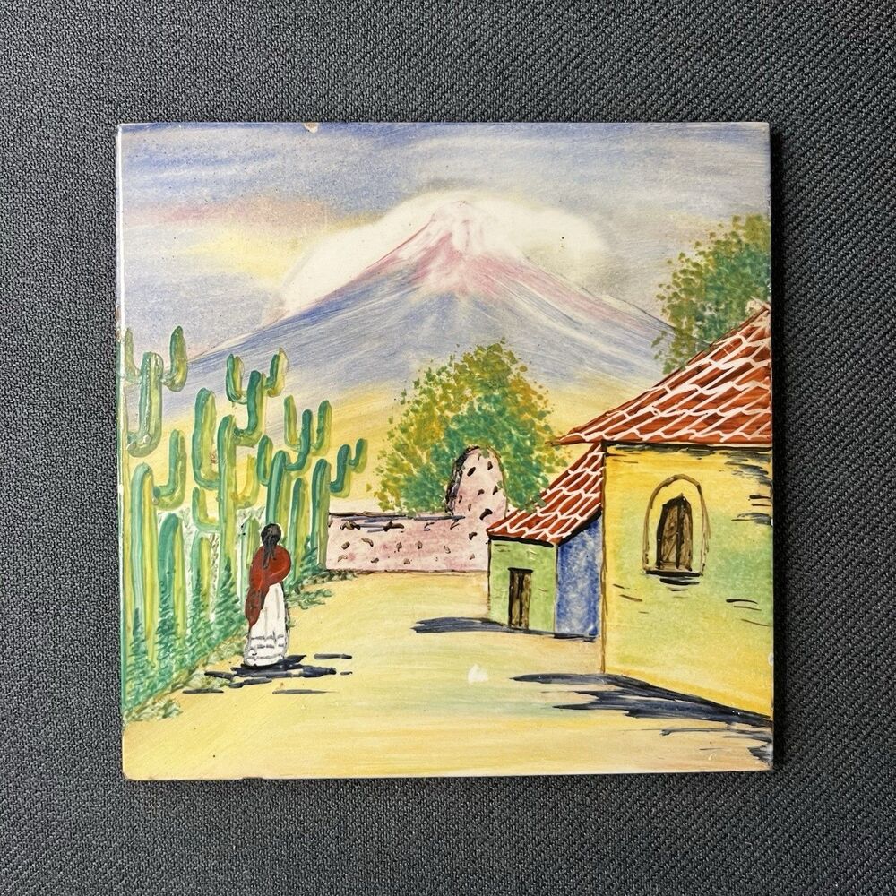 Vintage Hand Painted Mexican Folk Art Tile 6x6 Volcano Landscape H&R Johnson